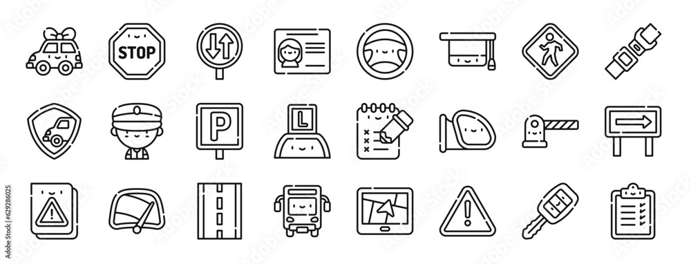 set of 24 outline web driving school icons such as new car, stop, two ways, driving license, steering wheel, graduation cap, crosswalk vector icons for report, presentation, diagram, web design, set of 24 outline web driving school icons such as new car, stop, two ways, driving license, steering wheel, graduation cap, crosswalk vector icons for report, presentation, diagram, web design,