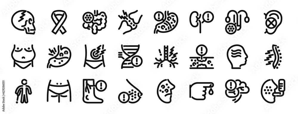 set of 24 outline web disease icons such as skull, ribbon, intestines, cartilage, stoh, kidney, infection vector icons for report, presentation, diagram, web design, mobile app