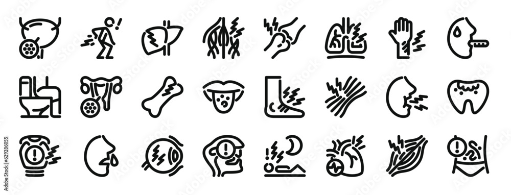 set of 24 outline web disease icons such as cystitis, diarrhea, cirrhosis, nerve, arthraia, tuberculosis, injury vector icons for report, presentation, diagram, web design, mobile app set of 24 outline web disease icons such as cystitis, diarrhea, cirrhosis, nerve, arthraia, tuberculosis, injury vector icons for report, presentation, diagram, web design, mobile app