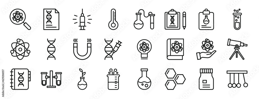 set of 24 outline web science icons such as search, document, vaccine, temperature, experiment, clipboard, clipboard vector icons for report, presentation, diagram, web design, mobile app