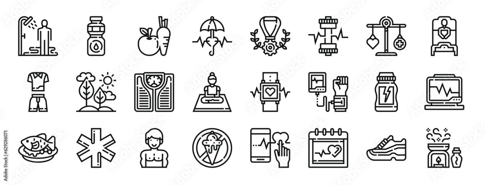 set of 24 outline web healthy life icons such as shower, water, vegetables, life insurance, medal, dumbell, weight vector icons for report, presentation, diagram, web design, mobile app set of 24 outline web healthy life icons such as shower, water, vegetables, life insurance, medal, dumbell, weight vector icons for report, presentation, diagram, web design, mobile app