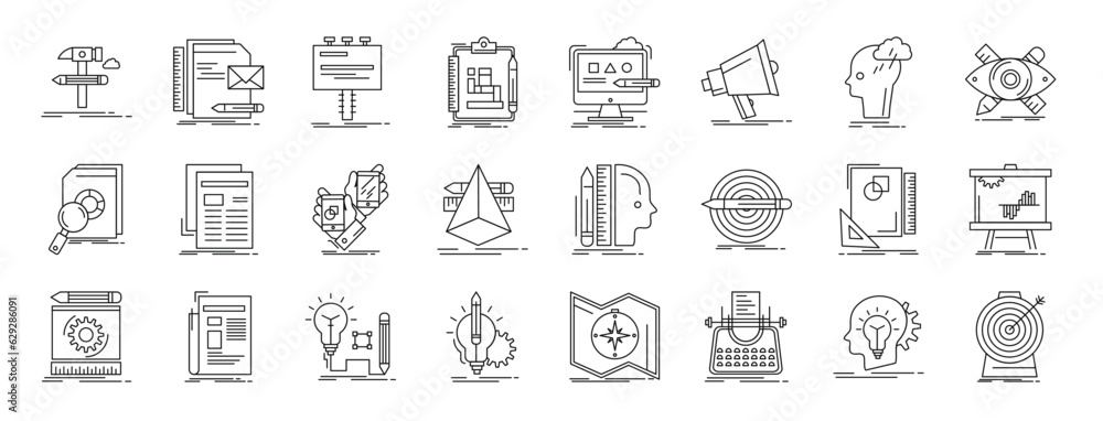 set of 24 outline web advertising icons such as hammer, file, billboard, aorithm, graphic de, advertising, brainstorm vector icons for report, presentation, diagram, web design, mobile app
