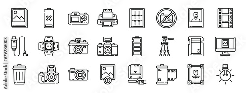 set of 24 outline web photography icons such as photo, battery, camera, print, grid, no photo, photo vector icons for report, presentation, diagram, web design, mobile app