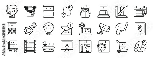 set of 24 outline web logistic icons such as customer service, drone, barrel, route, ship, home, wooden vector icons for report, presentation, diagram, web design, mobile app