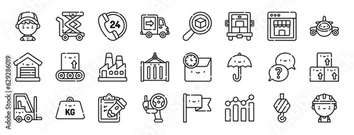 set of 24 outline web logistic icons such as delivery boy, lift, hours, delivery truck, tracking, cargo truck, eshop vector icons for report, presentation, diagram, web design, mobile app