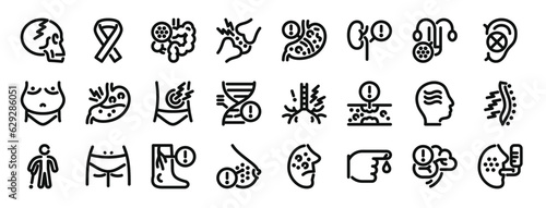 set of 24 outline web disease icons such as skull, ribbon, intestines, cartilage, stoh, kidney, infection vector icons for report, presentation, diagram, web design, mobile app