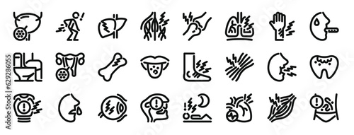 set of 24 outline web disease icons such as cystitis  diarrhea  cirrhosis  nerve  arthraia  tuberculosis  injury vector icons for report  presentation  diagram  web design  mobile app