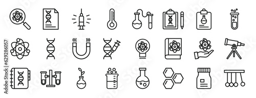 set of 24 outline web science icons such as search, document, vaccine, temperature, experiment, clipboard, clipboard vector icons for report, presentation, diagram, web design, mobile app