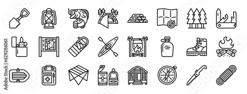 set of 24 outline web camping icons such as shovel, lantern, fishing, tent, firewood, map, forest vector icons for report, presentation, diagram, web design, mobile app