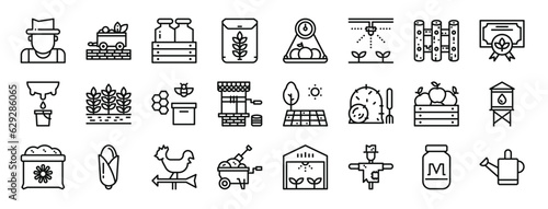 Fotografia set of 24 outline web farm icons such as farmer, wheelbarrow, milk bottle, rice,