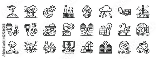 set of 24 outline web global warming icons such as sapling, forest, warming, pollution, warming, storm, pollution vector icons for report, presentation, diagram, web design, mobile app