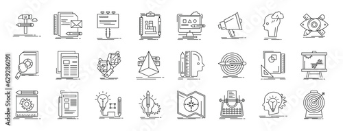 set of 24 outline web advertising icons such as hammer, file, billboard, aorithm, graphic de, advertising, brainstorm vector icons for report, presentation, diagram, web design, mobile app