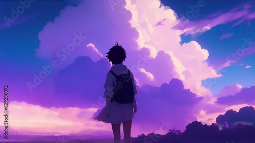 Slow flying clouds anime girl staring at skies. Vertical video backgrounds. Sundown cloudy weather. Colourful dreamy atmosphere Japan scenery. Manga chill lofi hip-hop artwork aesthetic. Seamless loop
