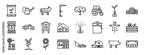 set of 24 outline web agriculture icons such as fertilizer, watering can, cow, scythe, tree, tractor, sprout vector icons for report, presentation, diagram, web design, mobile app