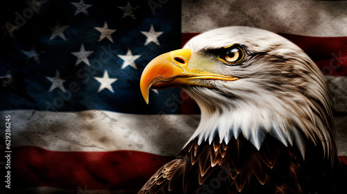 Patriotic illustration of a bald eagle in front of an American Flag