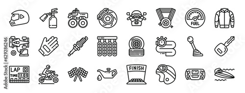 set of 24 outline web motor sports icons such as helmet, fire extinguisher, monster truck, brake, motorbike, medal, fuel vector icons for report, presentation, diagram, web design, mobile app
