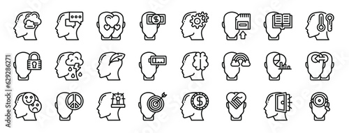 set of 24 outline web human mind icons such as dreaming, mind, in love, greed, thinking, memory, study vector icons for report, presentation, diagram, web design, mobile app