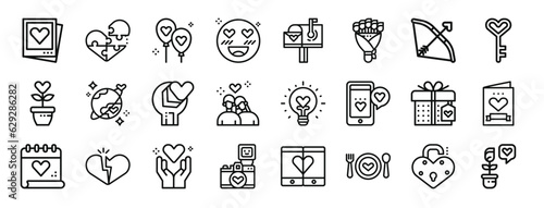 set of 24 outline web love icons such as photo, jigsaw, balloons, emoji, mail box, roses, cupid vector icons for report, presentation, diagram, web design, mobile app