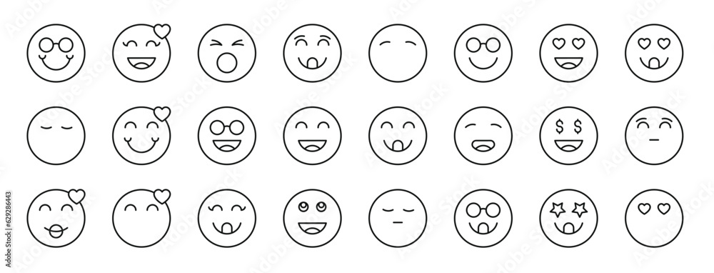 set of 24 outline web emoji icons such as happy, in love, shout, fool, happy, nerd, in love vector icons for report, presentation, diagram, web design, mobile app set of 24 outline web emoji icons such as happy, in love, shout, fool, happy, nerd, in love vector icons for report, presentation, diagram, web design, mobile app
