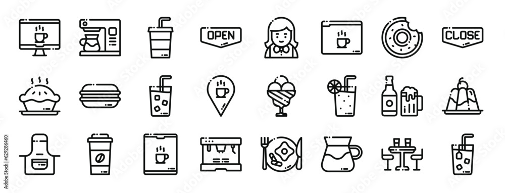 set of 24 outline web cafe icons such as monitor, coffee hine, coffee, open, waitress, browser, doughnut vector icons for report, presentation, diagram, web design, mobile app