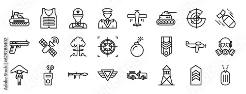 set of 24 outline web military icons such as tank  bullet proof vest  soldier  general  airplane  tank  radar vector icons for report  presentation  diagram  web design  mobile app