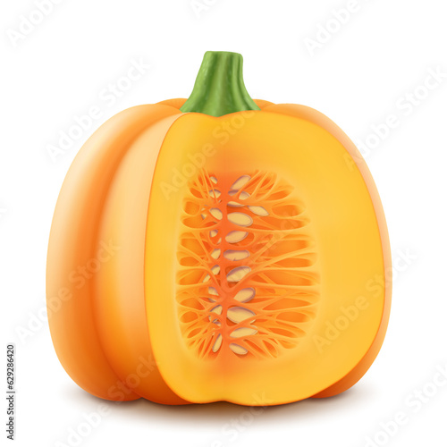 Orange ripe pumpkin in a section with seeds isolated on white background. Decorative art element for Thanksgiving, Halloween celebration layout design. Bright orange fruit. Realistic 3d vector
