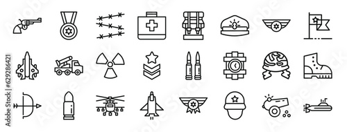 set of 24 outline web military icons such as revolver, medal, barbed wire, first aid kit, backpack, captain, medal vector icons for report, presentation, diagram, web design, mobile app