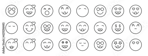set of 24 outline web emoji icons such as happy, in love, shout, fool, happy, nerd, in love vector icons for report, presentation, diagram, web design, mobile app