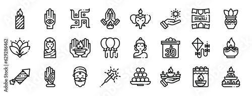 set of 24 outline web diwali icons such as candle  hand    hands  elephant  hand  decoration vector icons for report  presentation  diagram  web design  mobile app