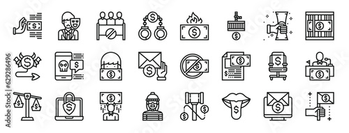 set of 24 outline web corruption elements icons such as refuse, character, protester, handcuffs, money, trap, suborn vector icons for report, presentation, diagram, web design, mobile app