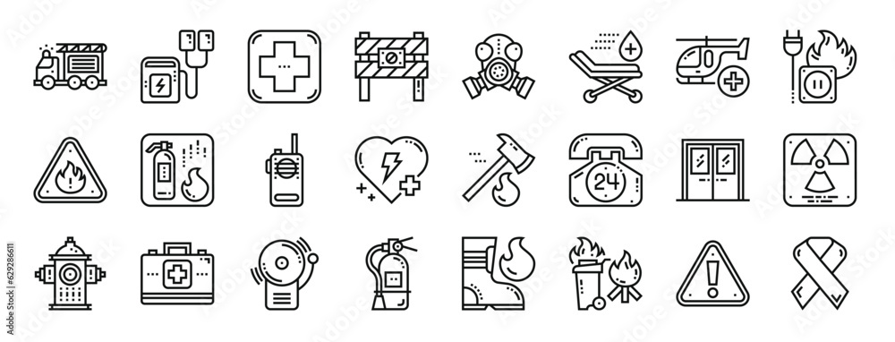 set of 24 outline web emergency icons such as fire truck, defibrillator, first aid kit, barrier, gas mask, stretcher, helicopter vector icons for report, presentation, diagram, web design, mobile