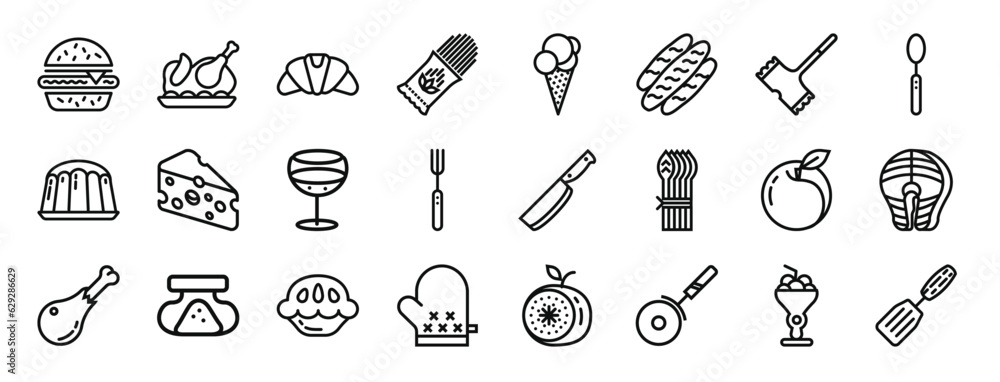 set of 24 outline web gastronomy collection icons such as hamburguer, turkey, croissant, pasta, ice cream, bread, tenderizer vector icons for report, presentation, diagram, web design, mobile app set of 24 outline web gastronomy collection icons such as hamburguer, turkey, croissant, pasta, ice cream, bread, tenderizer vector icons for report, presentation, diagram, web design, mobile app