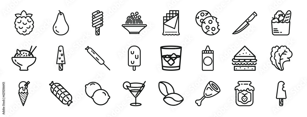 set of 24 outline web gastronomy collection icons such as raspberry, pear, ice cream, pasta, chote, cookies, knife vector icons for report, presentation, diagram, web design, mobile app set of 24 outline web gastronomy collection icons such as raspberry, pear, ice cream, pasta, chote, cookies, knife vector icons for report, presentation, diagram, web design, mobile app