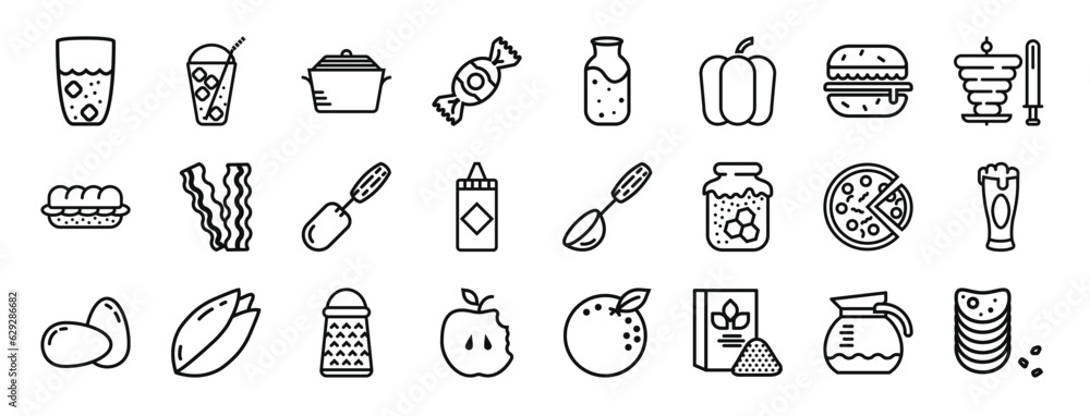 set of 24 outline web gastronomy collection icons such as glass, frappe, stew, candy, water, pepper, hamburguer vector icons for report, presentation, diagram, web design, mobile app set of 24 outline web gastronomy collection icons such as glass, frappe, stew, candy, water, pepper, hamburguer vector icons for report, presentation, diagram, web design, mobile app