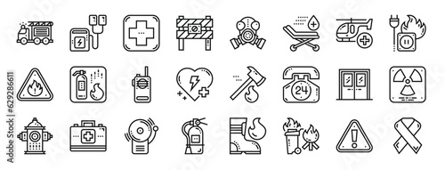 set of 24 outline web emergency icons such as fire truck, defibrillator, first aid kit, barrier, gas mask, stretcher, helicopter vector icons for report, presentation, diagram, web design, mobile