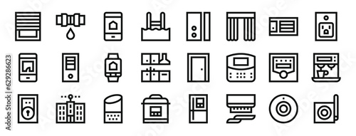set of 24 outline web home automation icons such as blinds, leak, smartphone, pool, door, curtains, vent vector icons for report, presentation, diagram, web design, mobile app