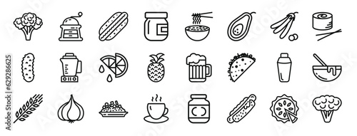 set of 24 outline web gastronomy collection icons such as broccoli, grinder, hot dog, butter, noodles, avocado, peas vector icons for report, presentation, diagram, web design, mobile app