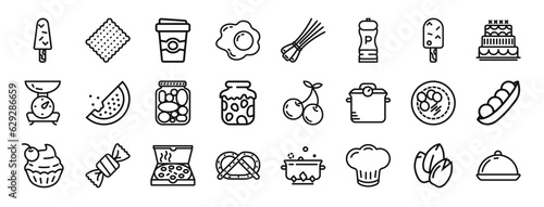 set of 24 outline web gastronomy collection icons such as ice cream, biscuit, coffee, egg, chives, pepper, ice cream vector icons for report, presentation, diagram, web design, mobile app