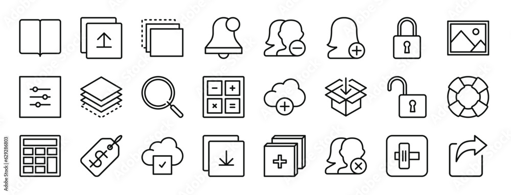 set of 24 outline web essentials icons such as reading, upload, layers, notification, delete, add, locked vector icons for report, presentation, diagram, web design, mobile app