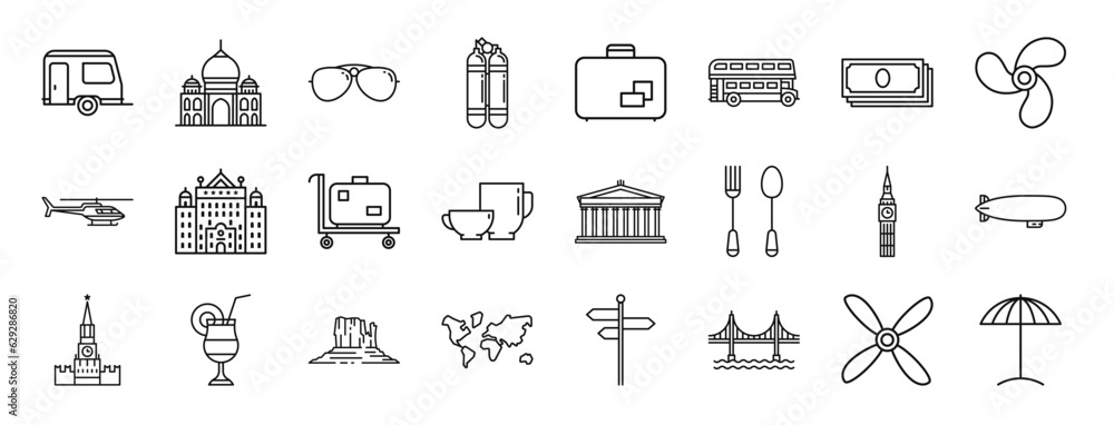 set of 24 outline web travelling icons such as trailer for travelling, taj mahal, aviator sunglasses, two aqualung, suitcase with two stickers, double decker bus, stack of bills vector icons for