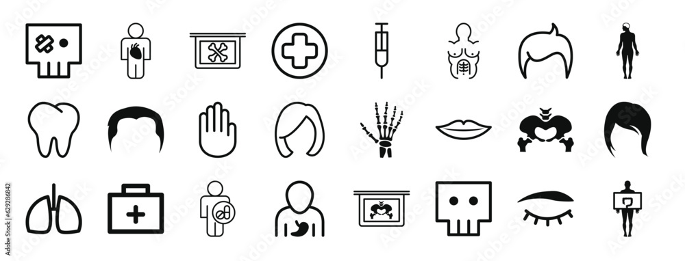 set of 24 outline web body parts icons such as skull cartoon variant with tape on left eye, male, bones x ray vision, first aid cross in a circle, syringe, upper body muscular view, human hair