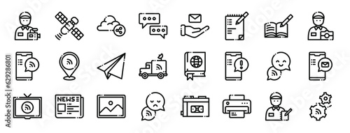 set of 24 outline web news journal icons such as cameraman, satellite, cloud, chat, message, notes, book vector icons for report, presentation, diagram, web design, mobile app