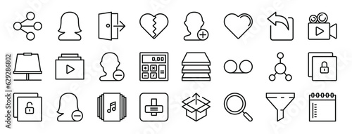 set of 24 outline web essentials icons such as shared, female user, exit, unlike, add friend, like, forward vector icons for report, presentation, diagram, web design, mobile app