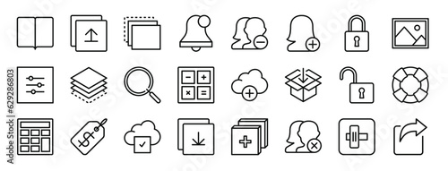 set of 24 outline web essentials icons such as reading, upload, layers, notification, delete, add, locked vector icons for report, presentation, diagram, web design, mobile app