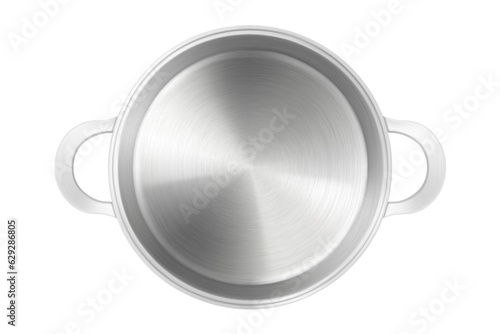 Top view of empty steel cooking pot or pan isolated on white background. Stainless steel frying pan. Mock-up. Realistic 3d vector illustration