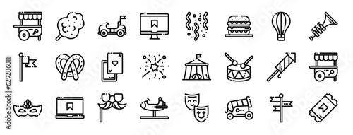 set of 24 outline web fair icons such as stand, cotton candy, car, monitor, confetti, burger, hot air balloon vector icons for report, presentation, diagram, web design, mobile app