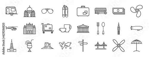 set of 24 outline web travelling icons such as trailer for travelling, taj mahal, aviator sunglasses, two aqualung, suitcase with two stickers, double decker bus, stack of bills vector icons for