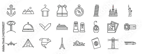 set of 24 outline web travelling icons such as big anchor, mountains with moon, towel on hanger, reflector vest, compass pointing, leaning tower of pisa, saint basils cathedral vector icons for
