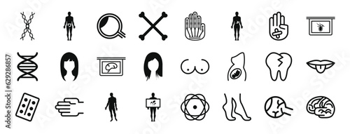 set of 24 outline web body parts icons such as dna strands, human body, observing human body details with a magnifier tool, bones, hand nadis, stoh inside human hand showing palm vector icons for