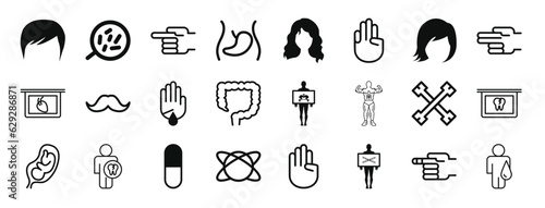 set of 24 outline web body parts icons such as male black short hair shape  body cells under a magnification tool  hand gesture  liver organ inside the abdomen  long wavy hair variant  hunger games